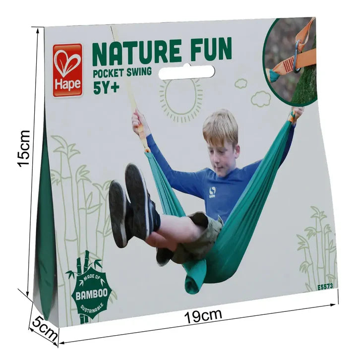 Hape Nature Fun pocket swing packaging with a child playing on a green swing.