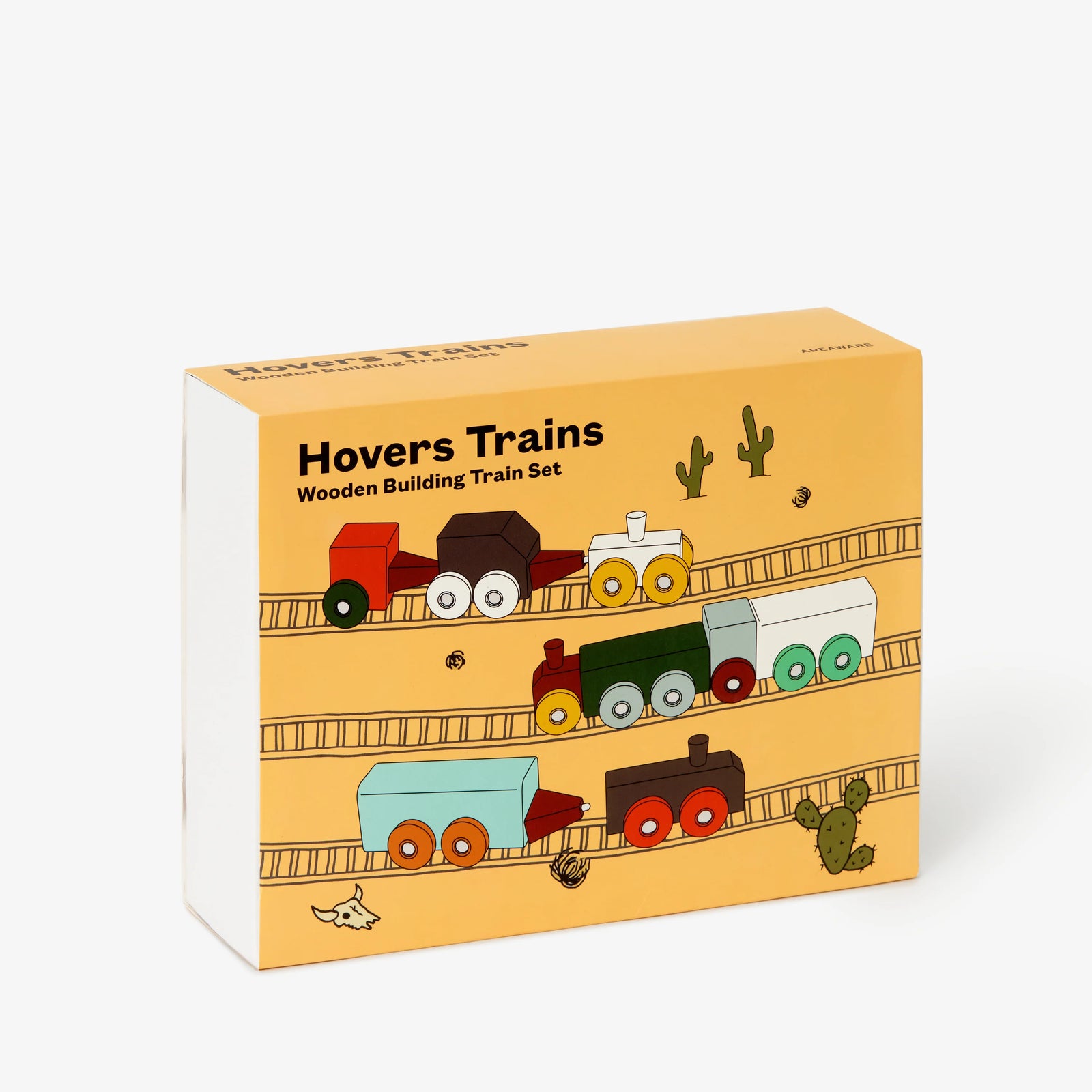 Set of colorful wooden toy train cars on a white background