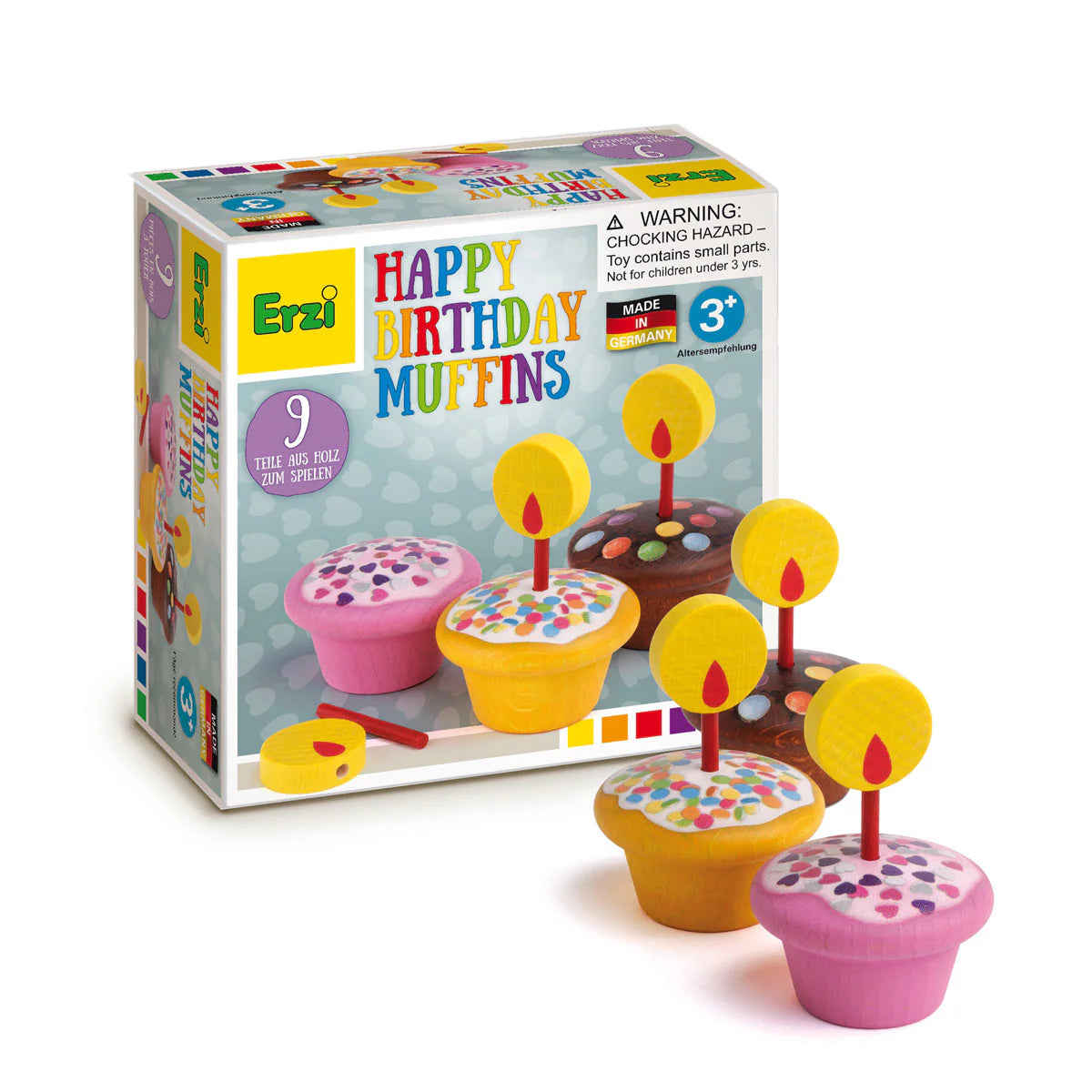 Box of Erzi Happy Birthday Muffins toy set with colorful packaging.