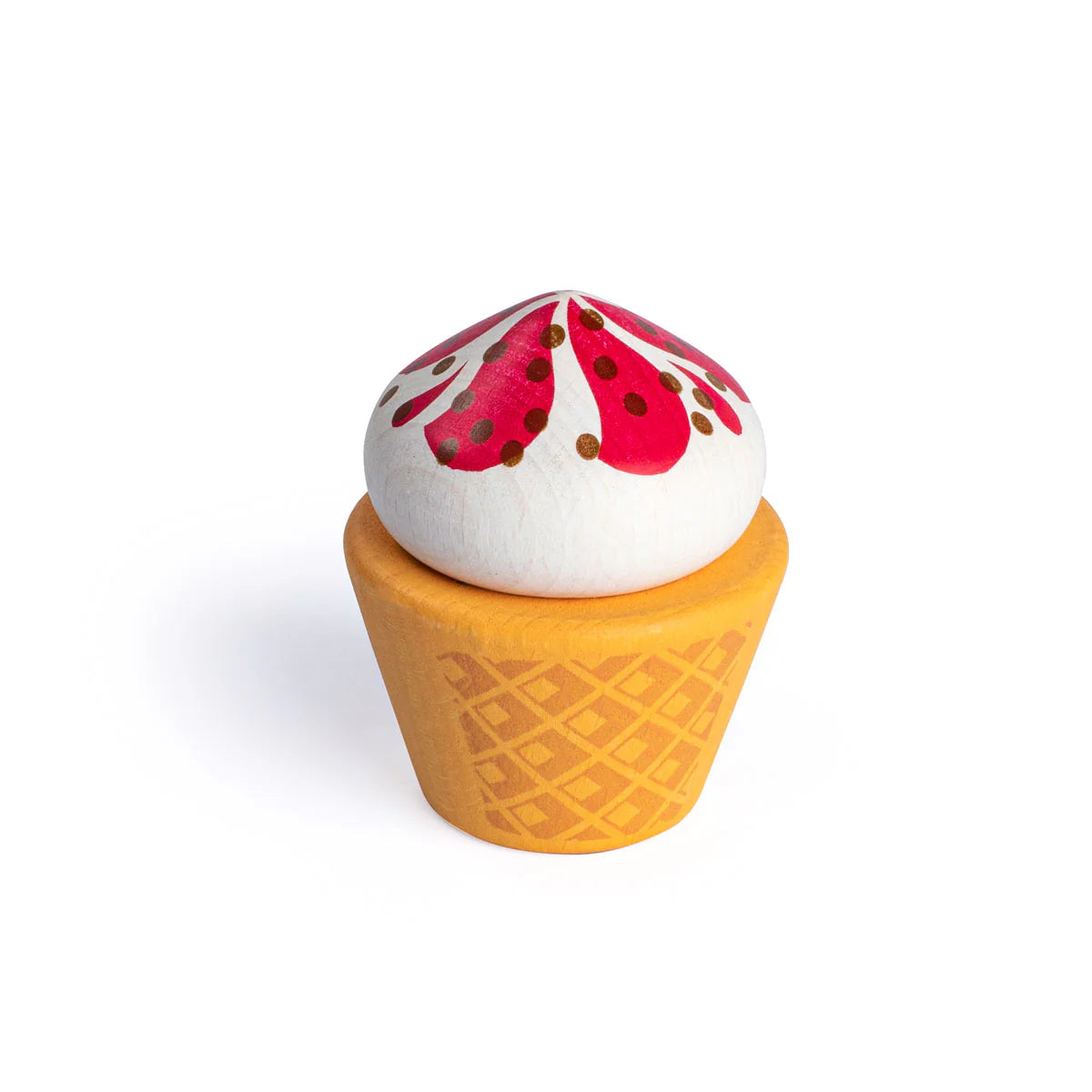 Toy ice cream cone with a red and white top on a white background