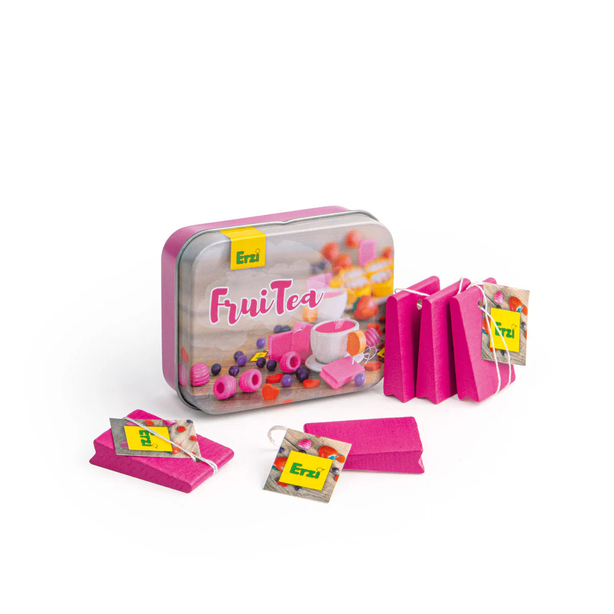 Erzi Fruitea tea set with pink tea bags and colorful packaging on a white background