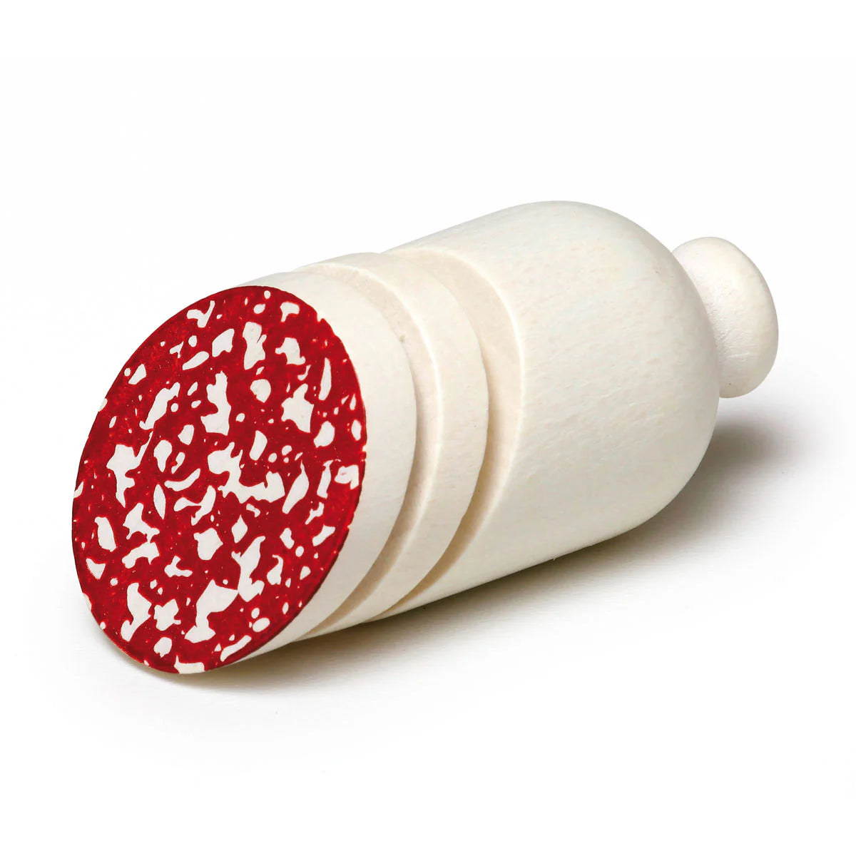 Wooden play salami with red and white patterned top on a white background