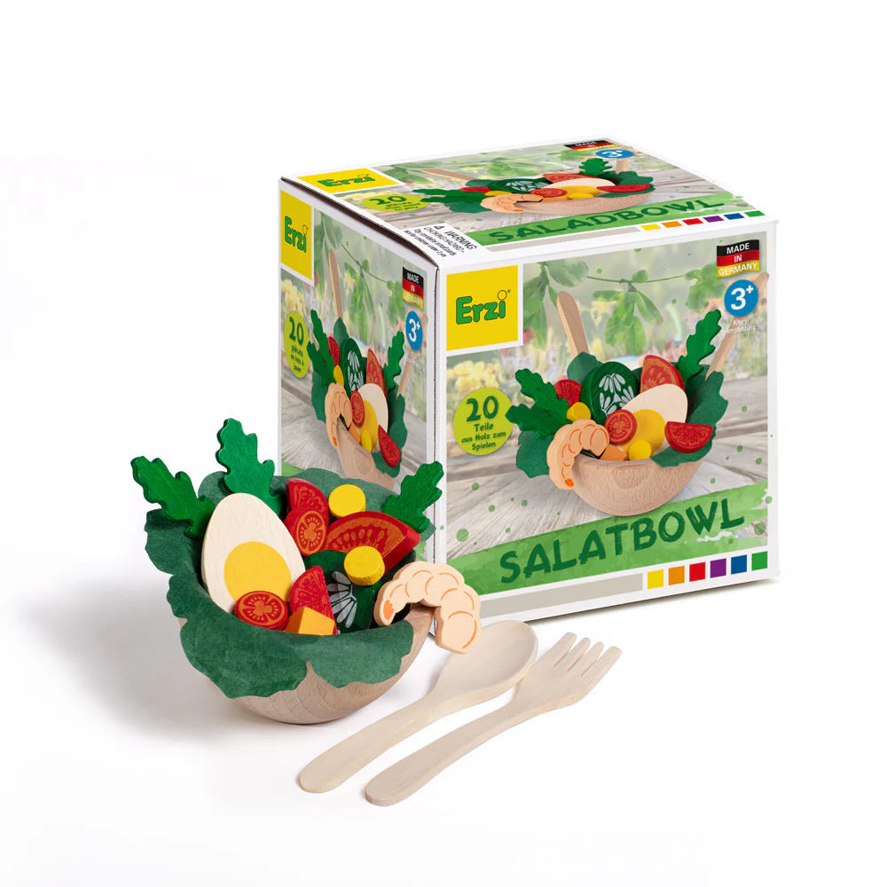 Toy salad bowl set with packaging on a white background