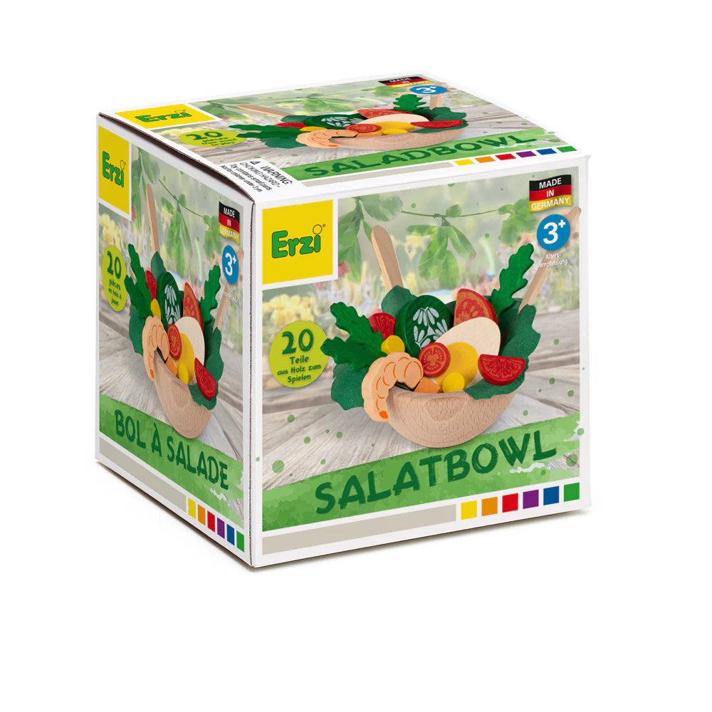 Box of Erzi salad bowl toy set on a white background