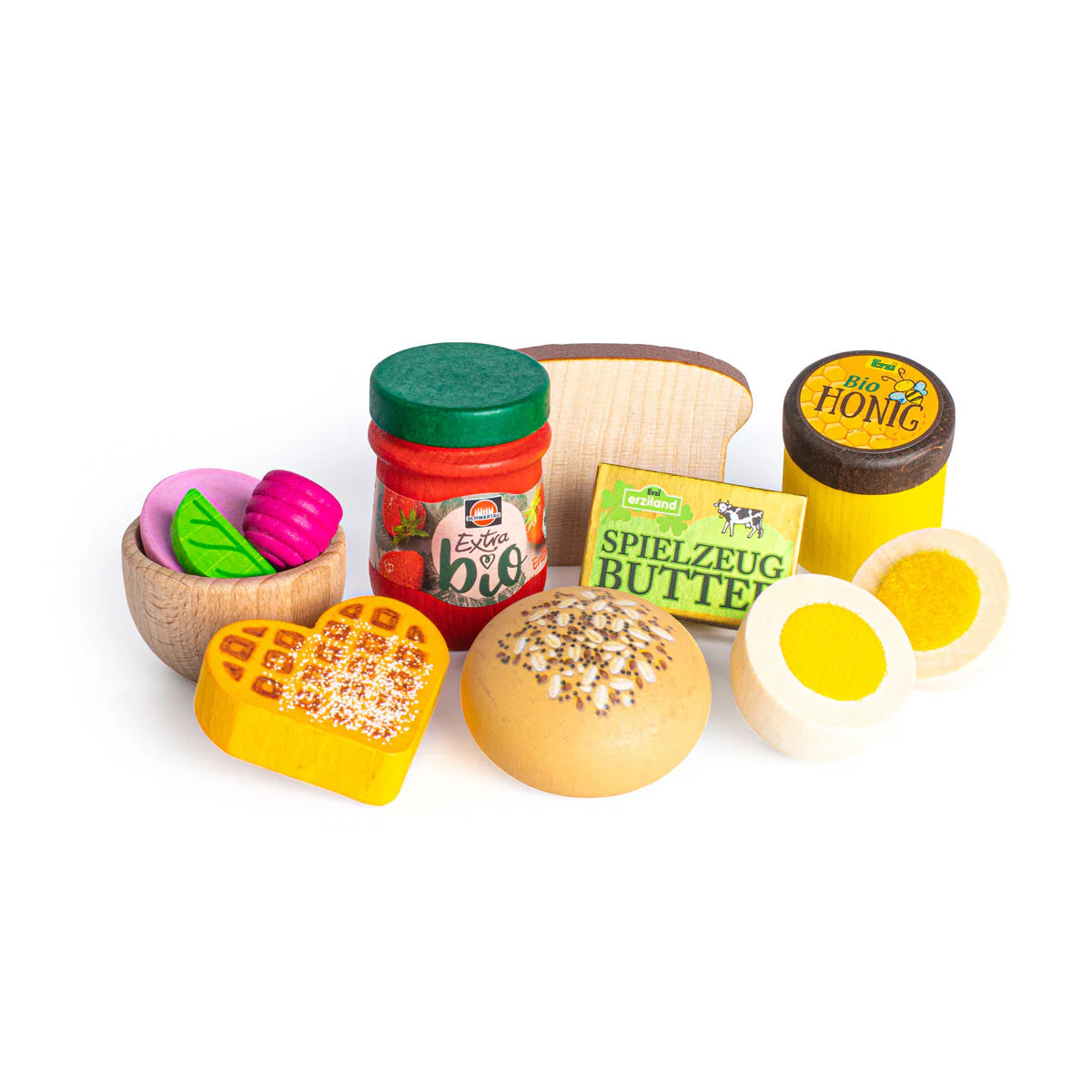 Collection of wooden food toys on a white background