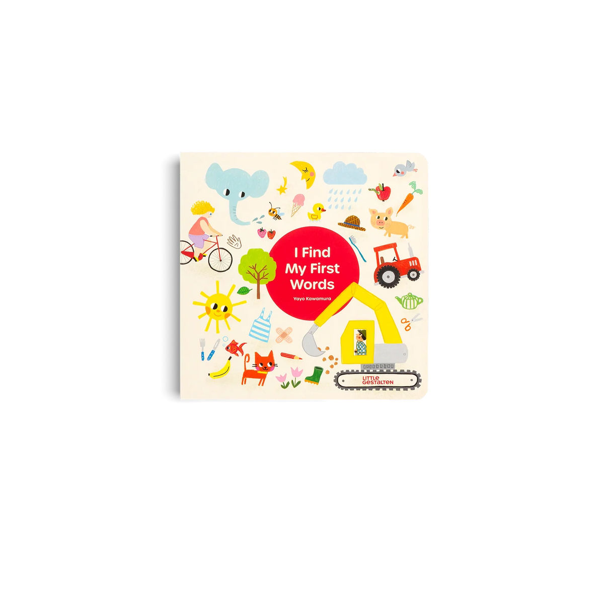 Children's book titled 'I Find My First Words' with colorful illustrations on a white background