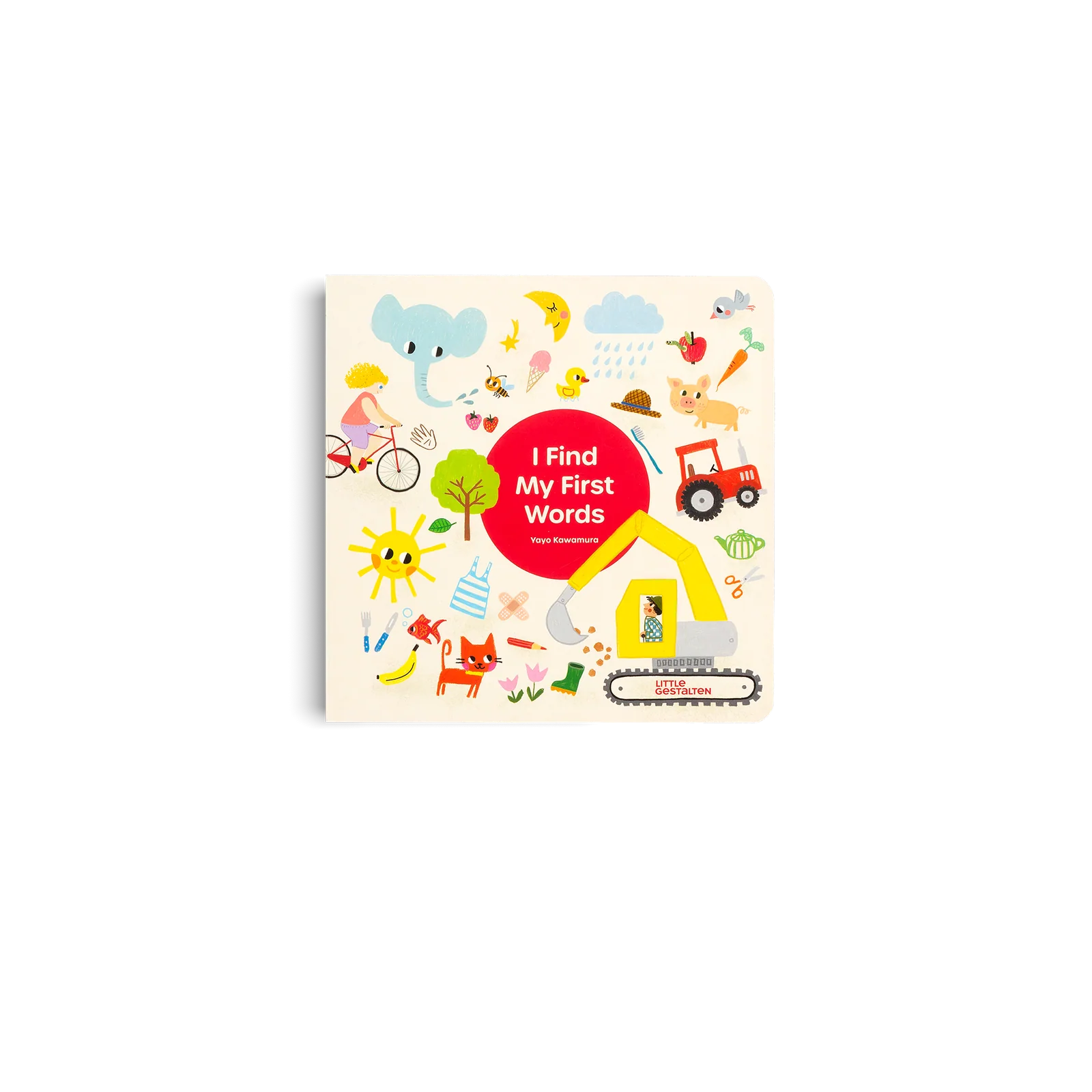Children's book titled 'I Find My First Words' with colorful illustrations on a white background