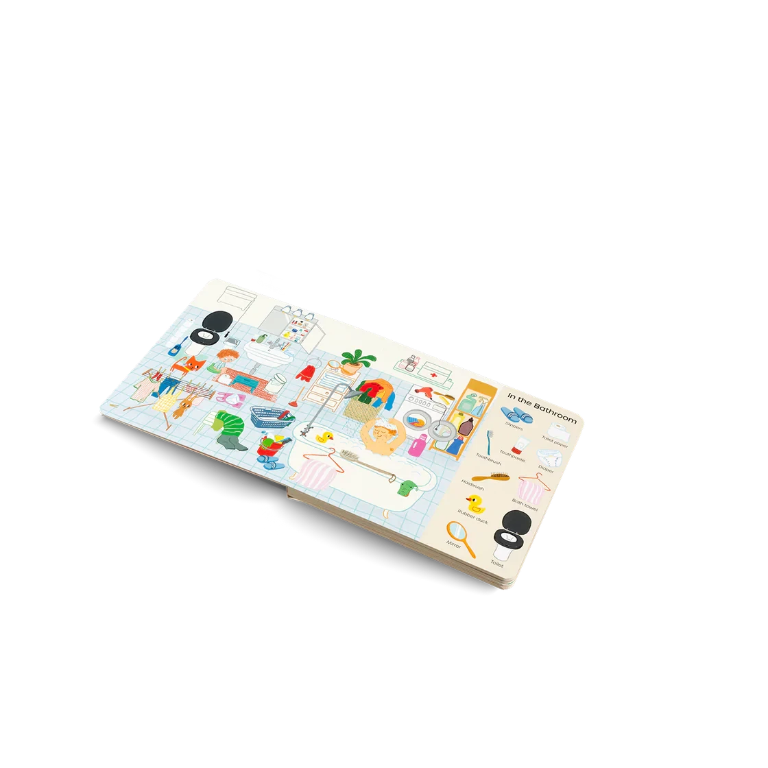 Wooden toy puzzle with colorful illustrations on a white background