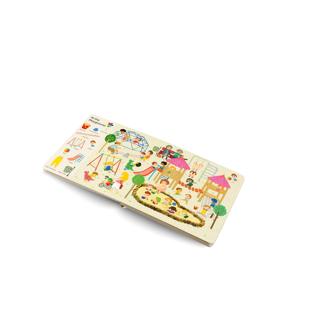 Wooden puzzle with colorful illustrations of a park scene on a white background