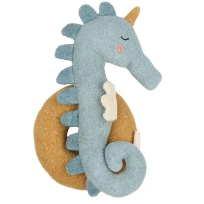 Plush seahorse toy with orange and gray  on a soft white background