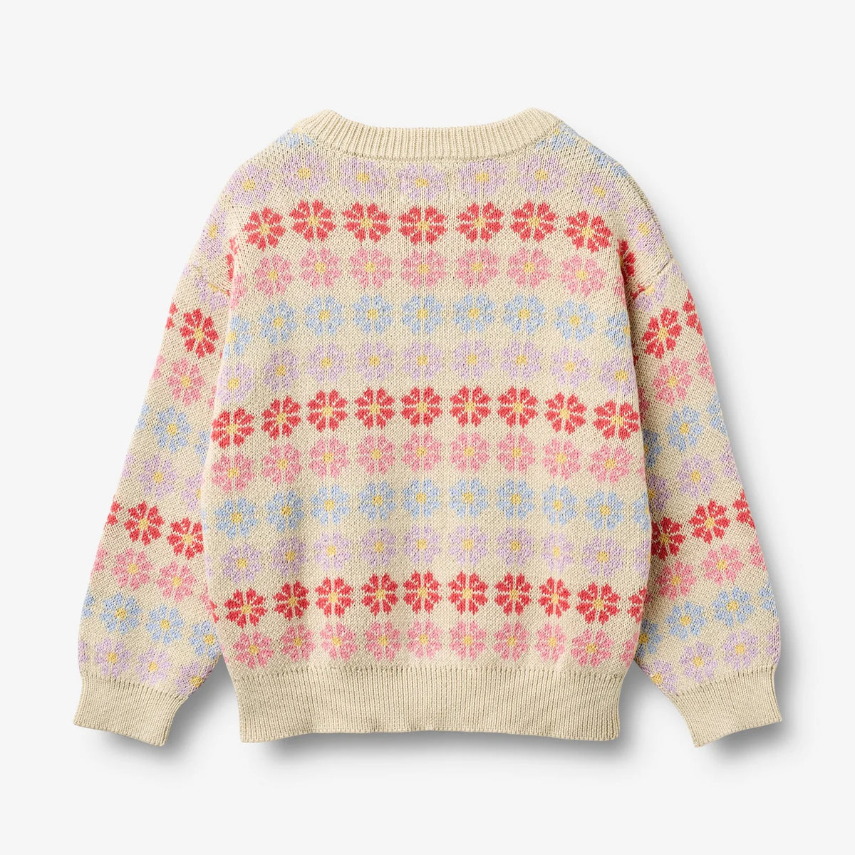 Floral patterned sweater on a plain background
