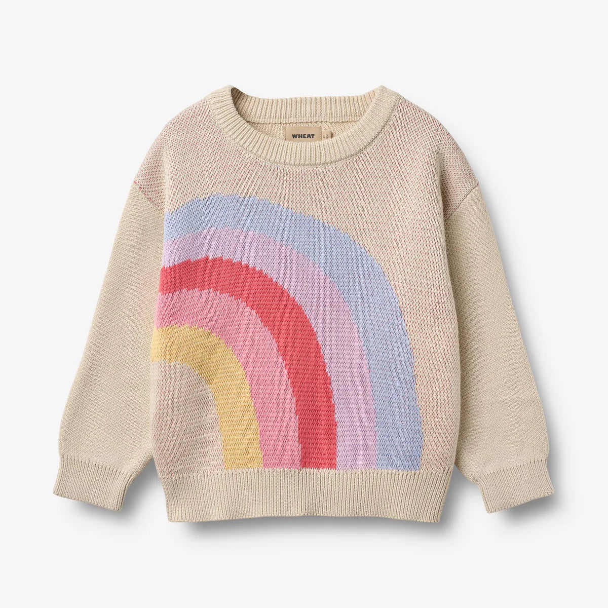 Beige sweater with a colorful rainbow design on a light gray background
