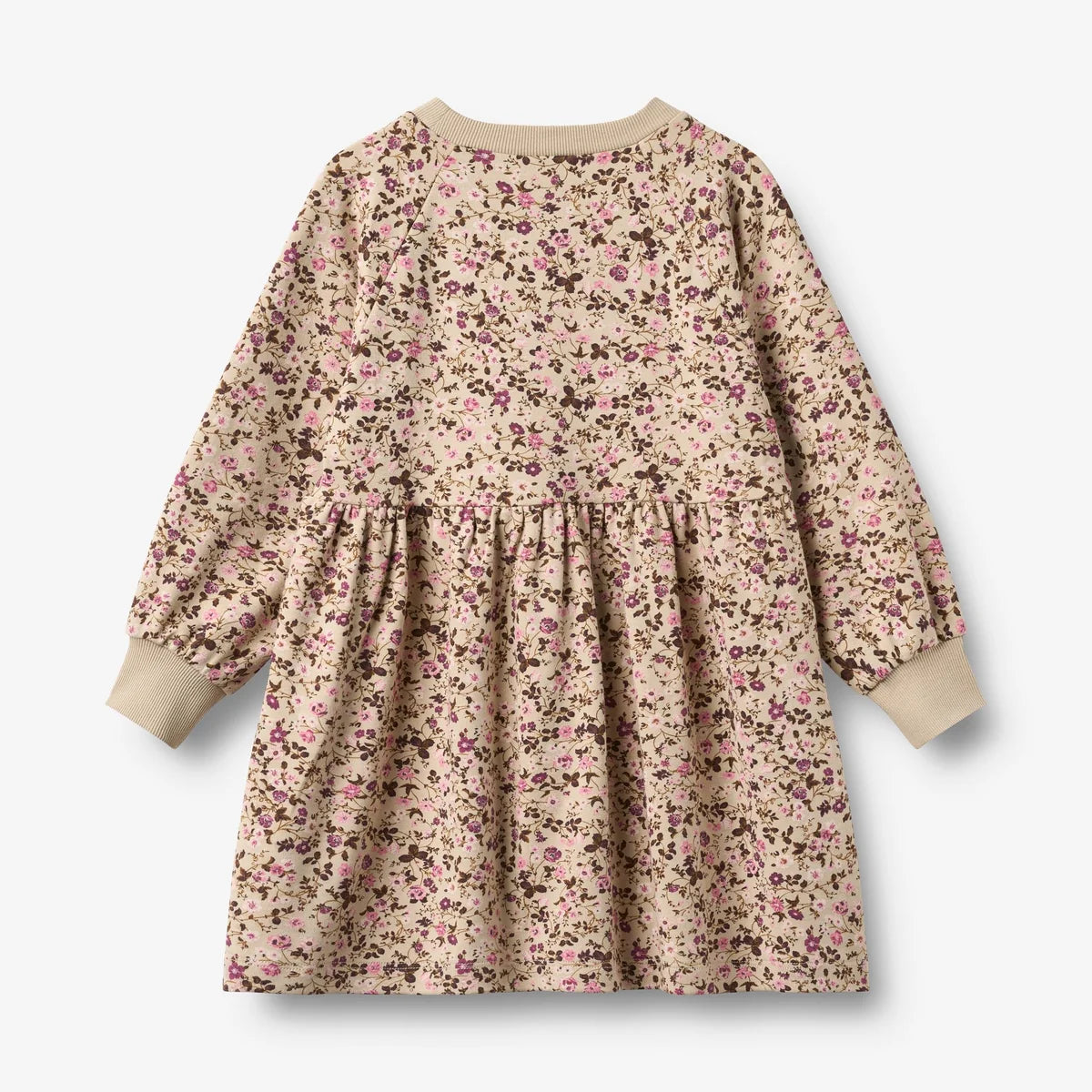 A long-sleeve dress with a dense floral print in pink, brown, and green on a beige background, featuring solid beige ribbed cuffs and collar, shown against a light gray background.
