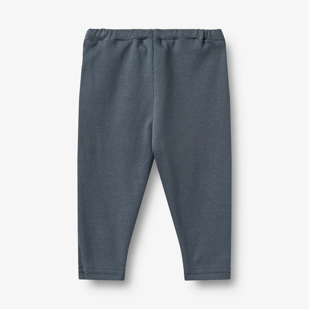 A pair of baby/toddler jogger pants in a heathered slate blue-gray color, featuring an elastic waistband and a cream-colored drawstring tie, shown against a plain white background.