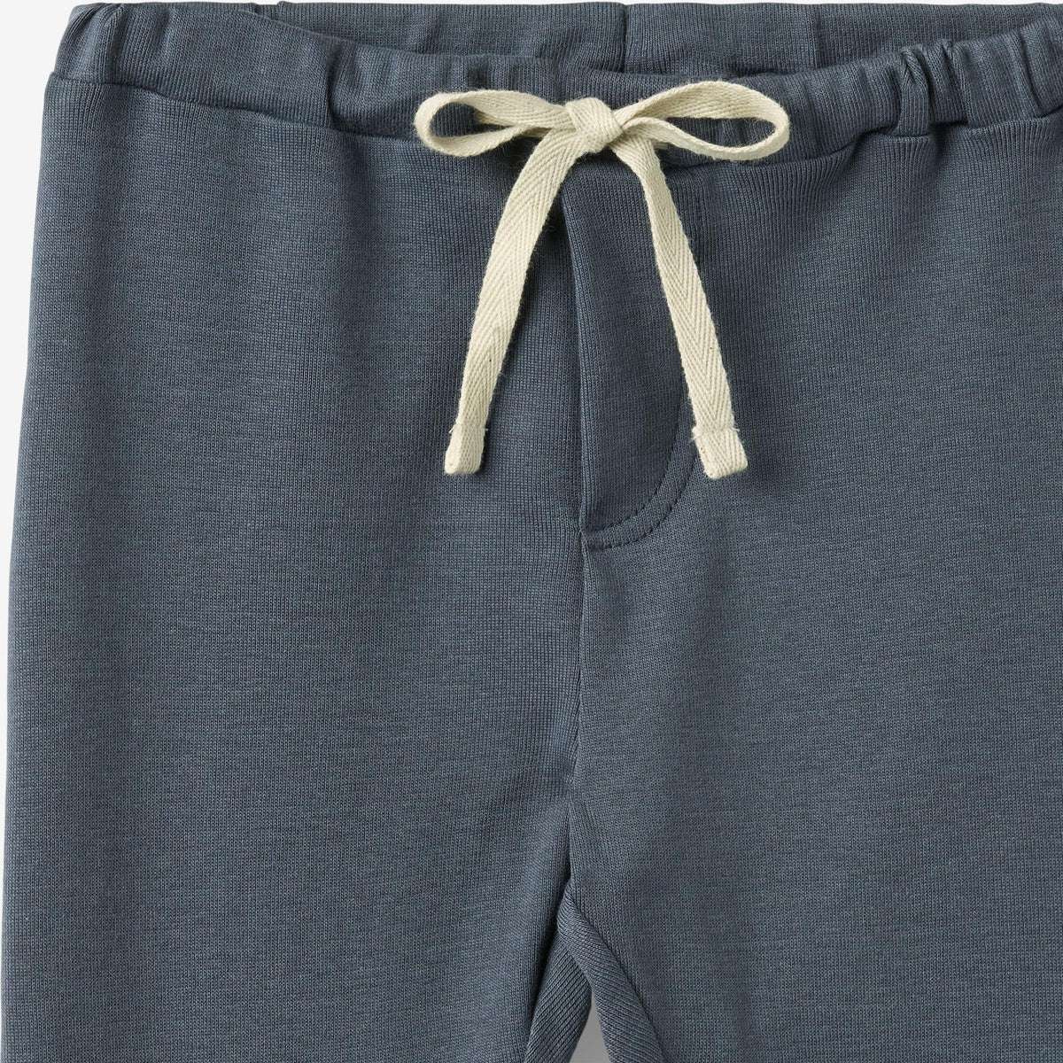 Close-up of dark slate blue jogger pants with an off-white drawstring tied in a bow at the elastic waistband.