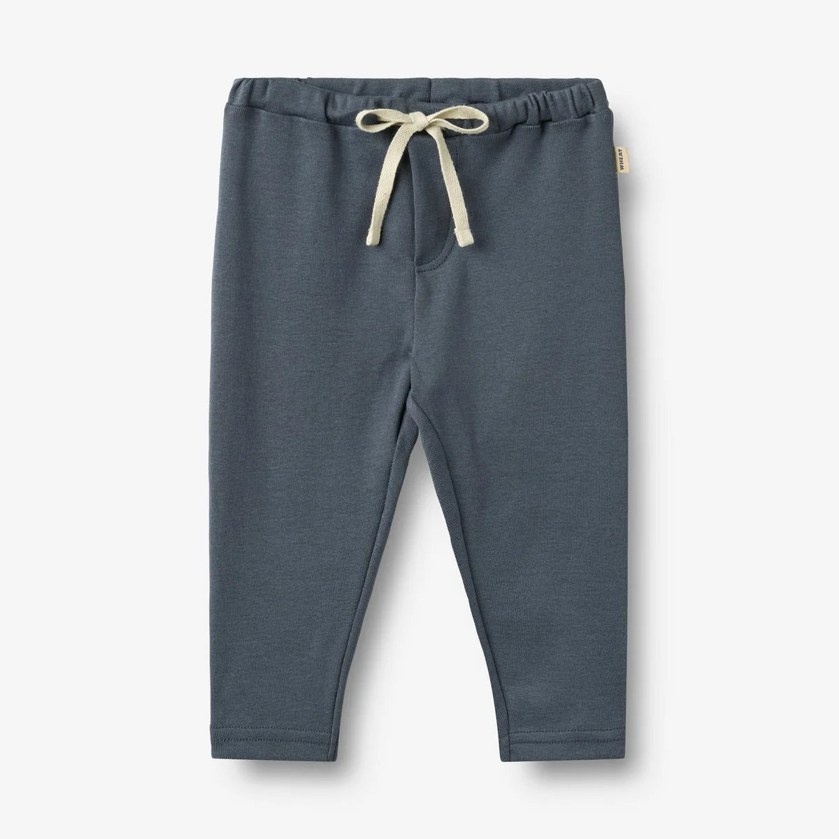 A pair of baby/toddler jogger pants in a heathered slate blue-gray color, featuring an elastic waistband and a cream-colored drawstring tie, shown against a plain white background.