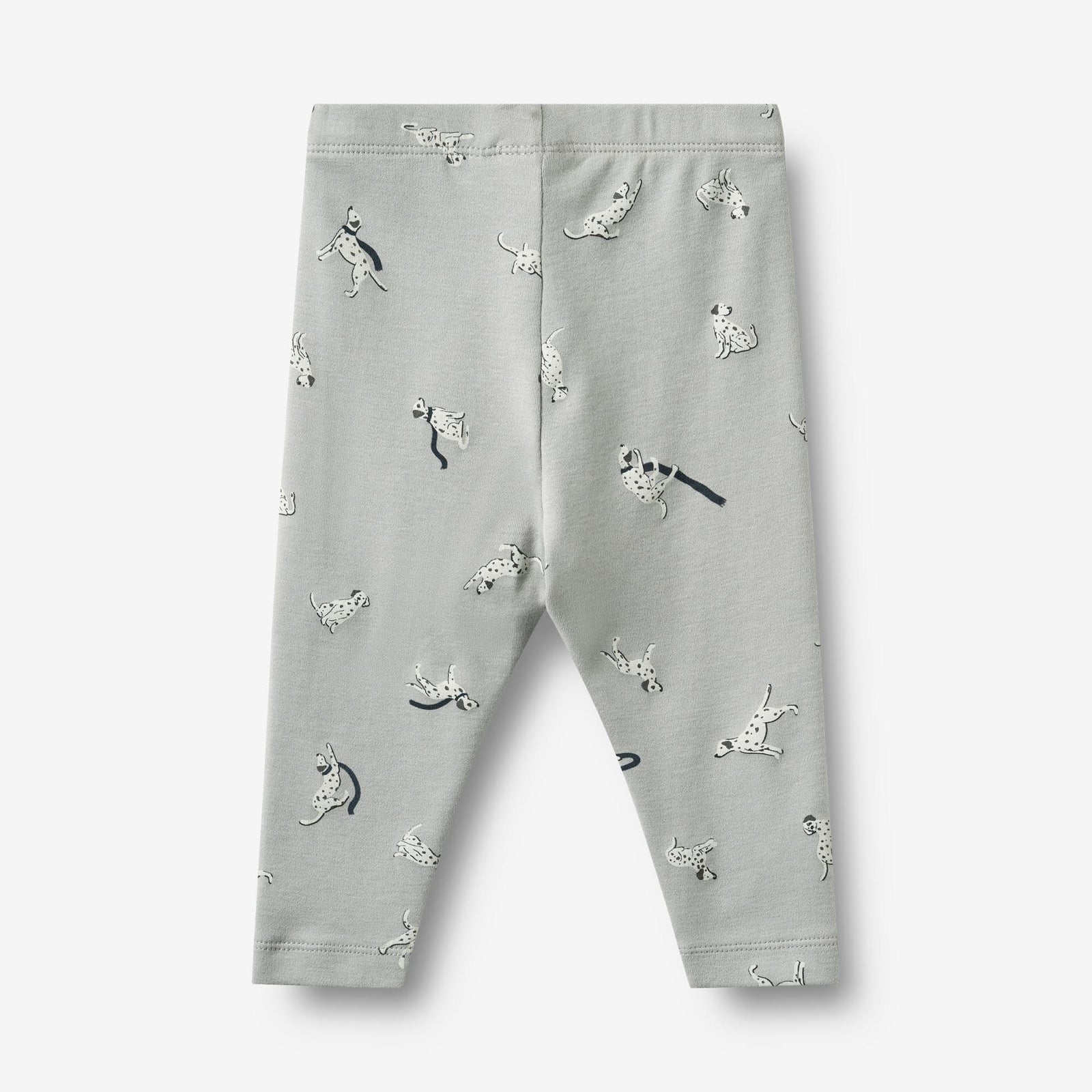 Light gray baby leggings with an all-over Dalmatian print, shown flat against a light gray background.