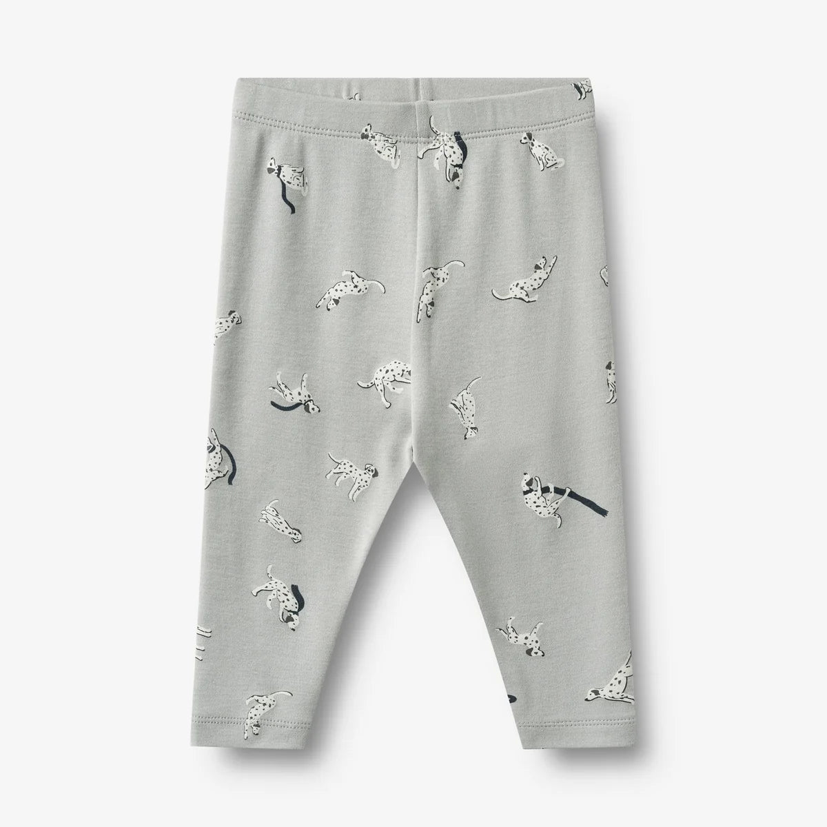 Light gray baby leggings with an all-over Dalmatian print, shown flat against a light gray background.