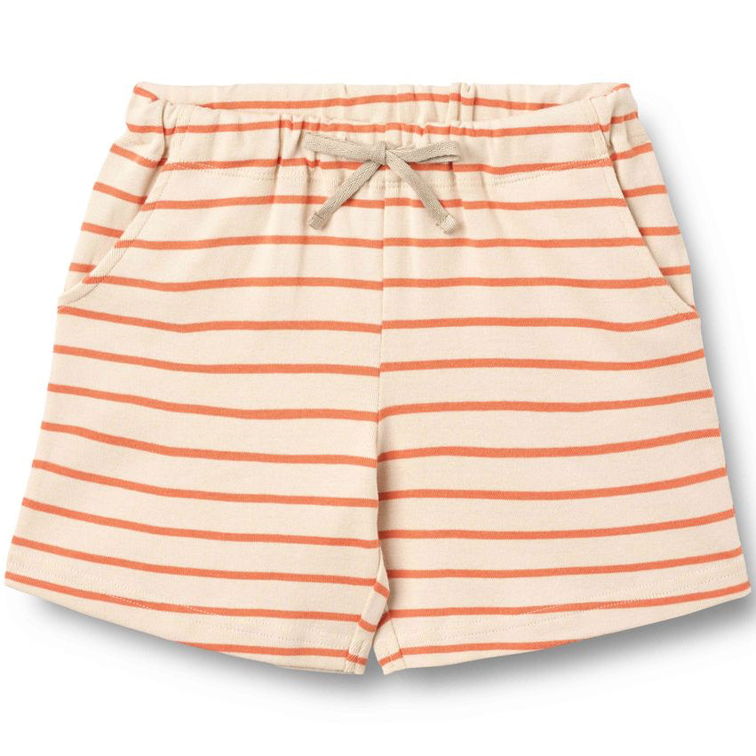 Striped shorts with orange and white stripes on a white background