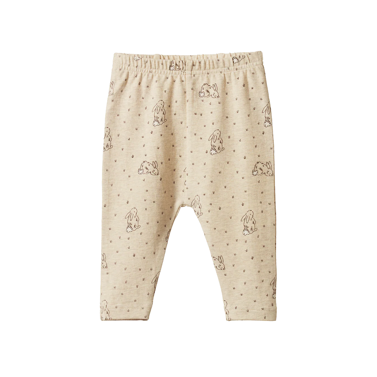 Beige baby leggings with small patterns on a white background