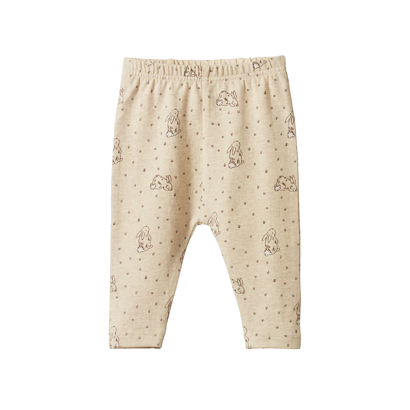 Beige baby leggings with small patterns on a white background
