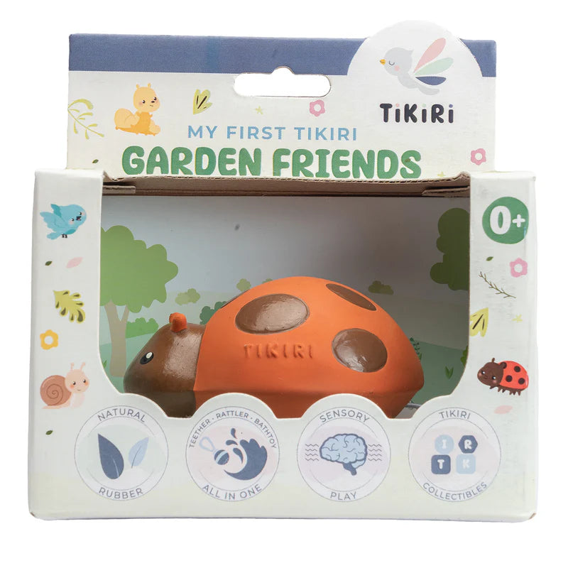 Tikiri toy packaging with a ladybug shaped rattle and 'My First Tikiri Garden Friends' branding. 