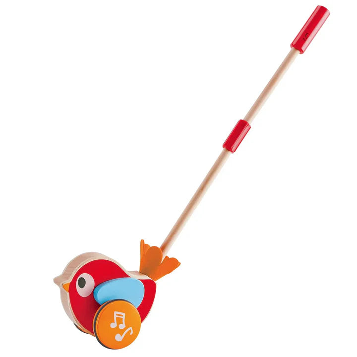 Colorful bird-shaped toy with a red handle on a white background