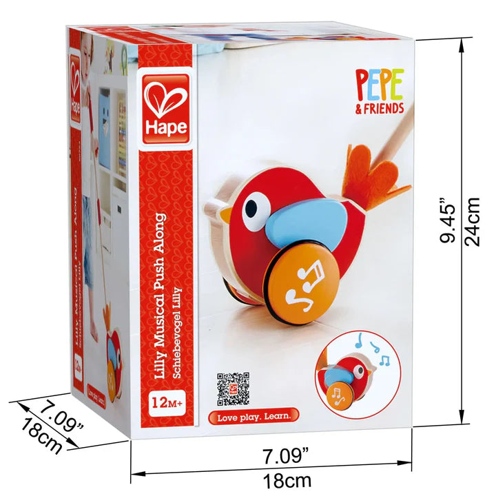 Colorful bird-shaped toy with a red handle on a white background