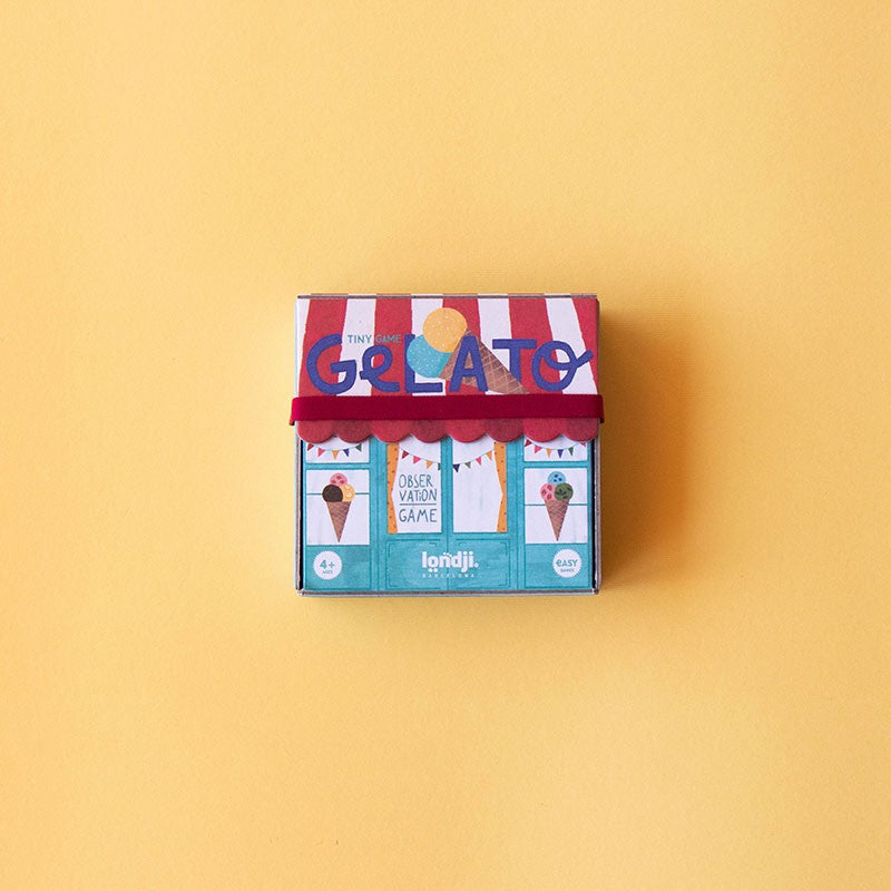 Gelato-themed product packaging on a yellow background