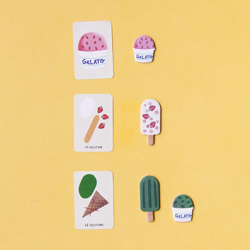 Gelato-themed cards on a yellow background