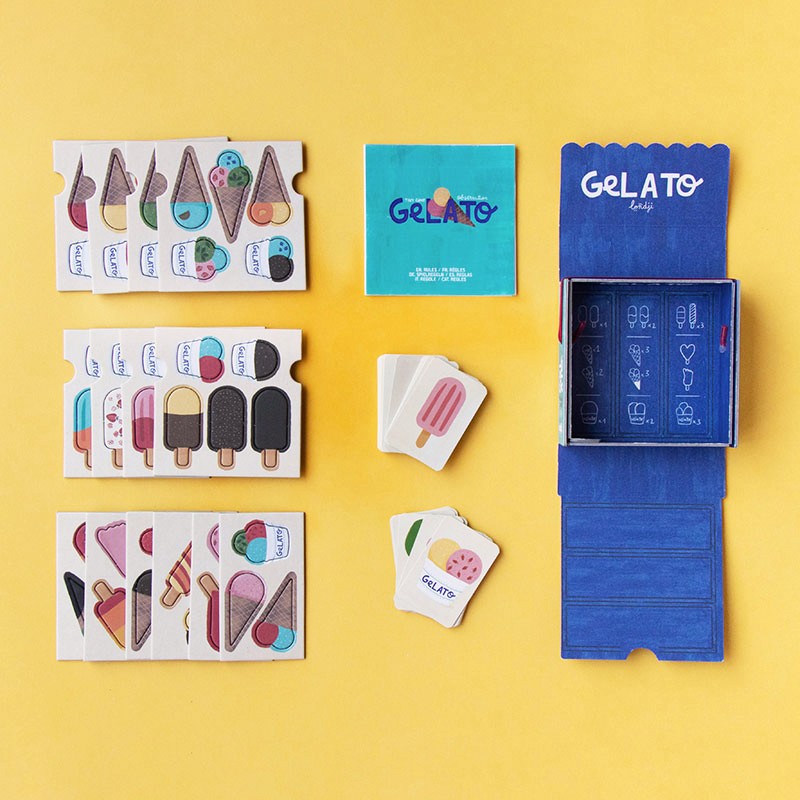Gelato-themed card game components on a yellow background