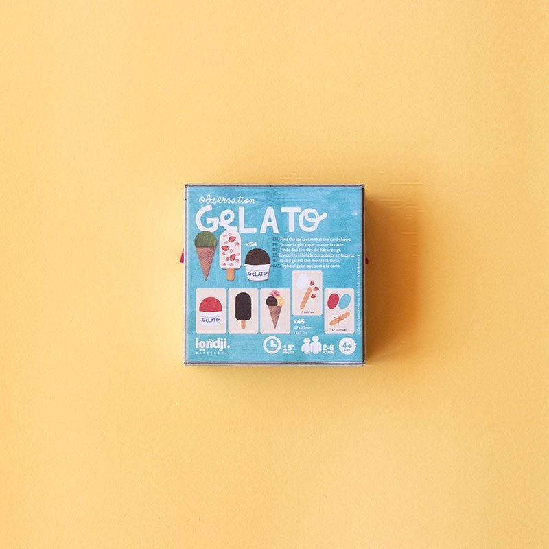 Gelato-themed product packaging on a yellow background