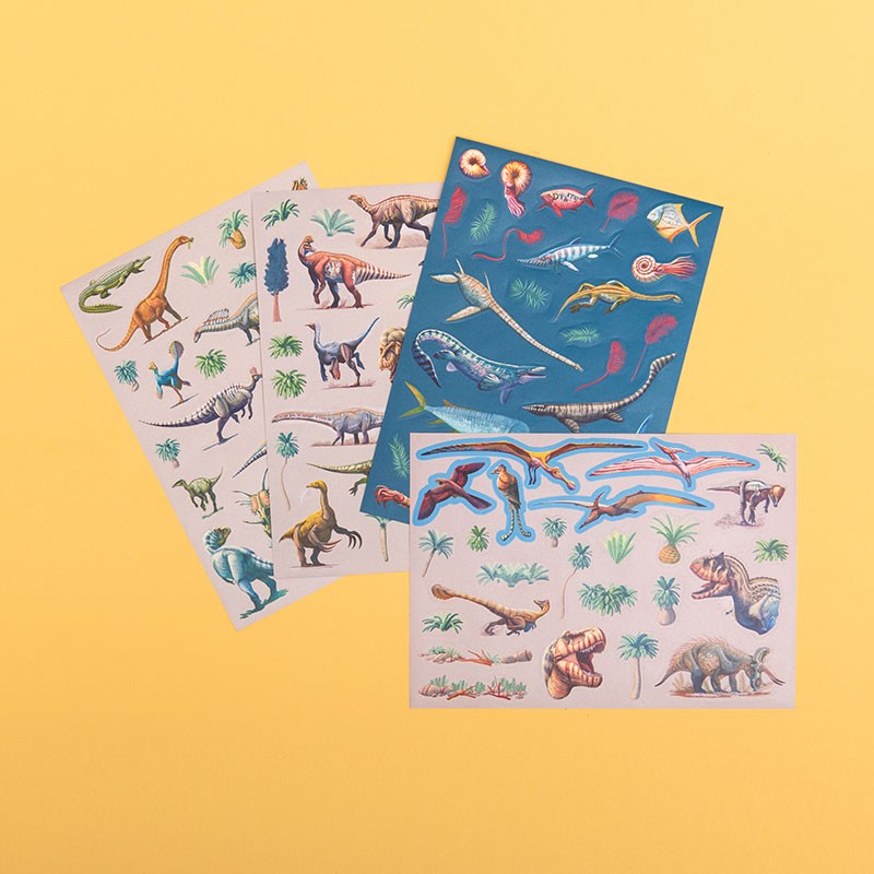 Four sheets of dinosaur-themed stickers on a yellow background