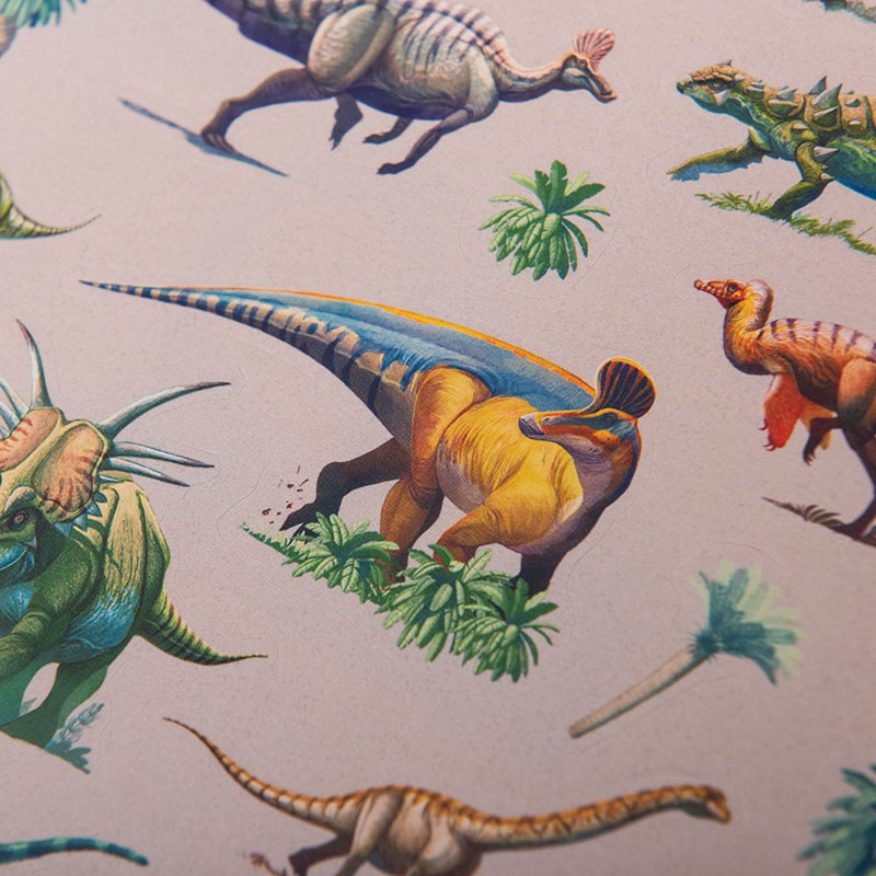 Pattern of colorful dinosaurs and plants on a light gray background
