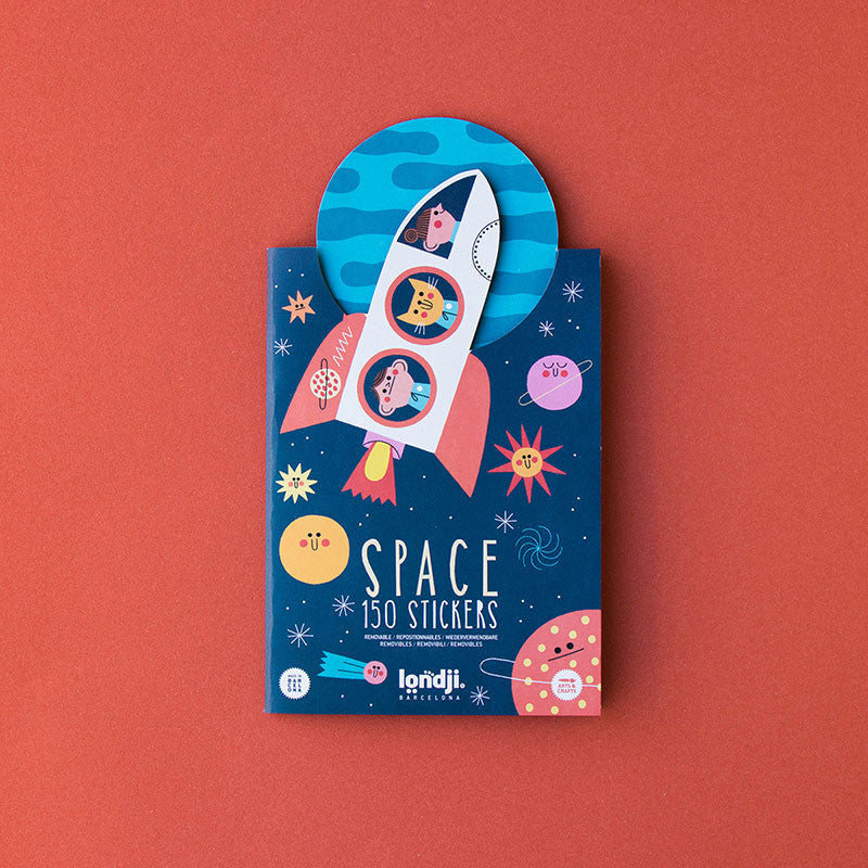 Pack of stickers with a rocket design on a red background