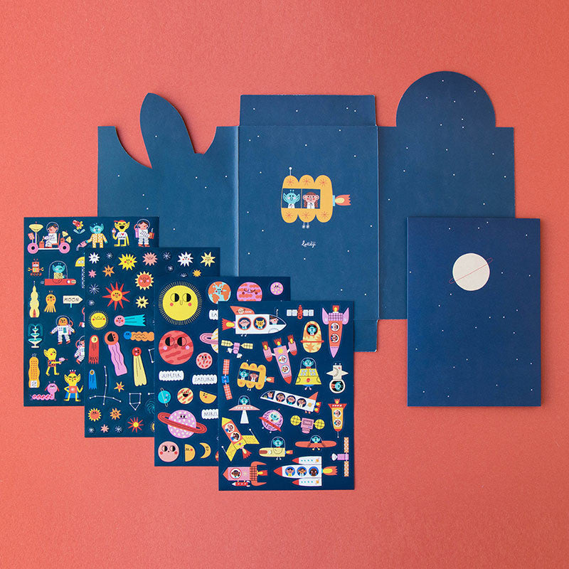 Set of blue envelopes with colorful space-themed illustrations on a red background