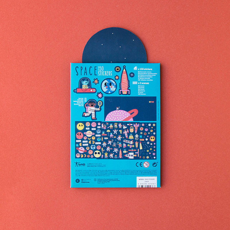 Blue packaging of stickers with space-themed illustrations on a red background