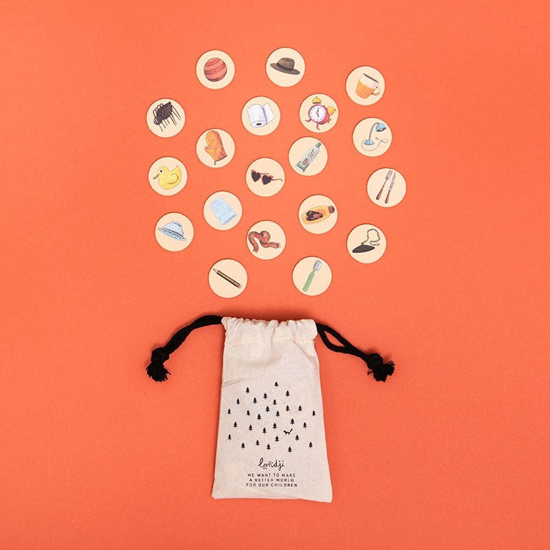 Set of small round icons arranged in a circular pattern on an orange background, with a white drawstring bag featuring text below.