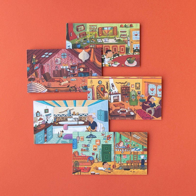 Set of illustrated cards depicting various rooms and activities on an orange background