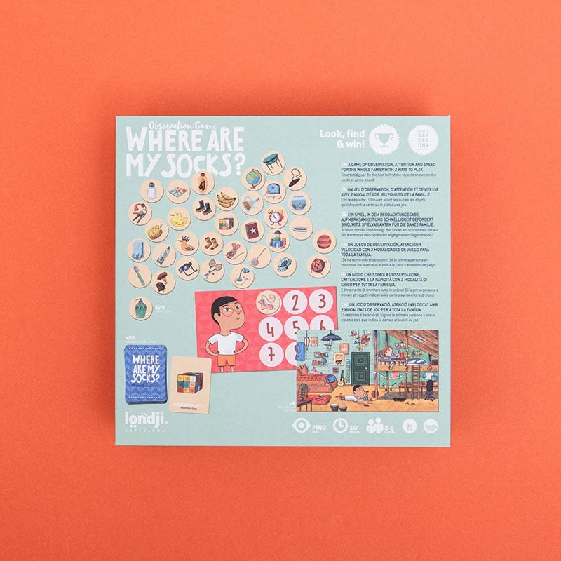 Board game packaging titled 'Where Are My Socks?' by Londji on an orange background