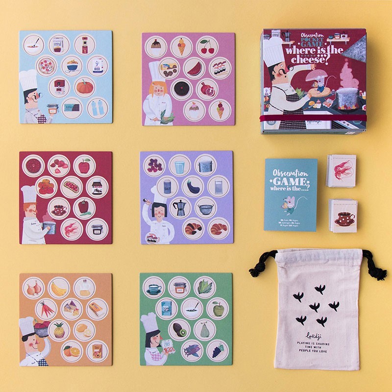 Collection of educational game materials on a yellow background