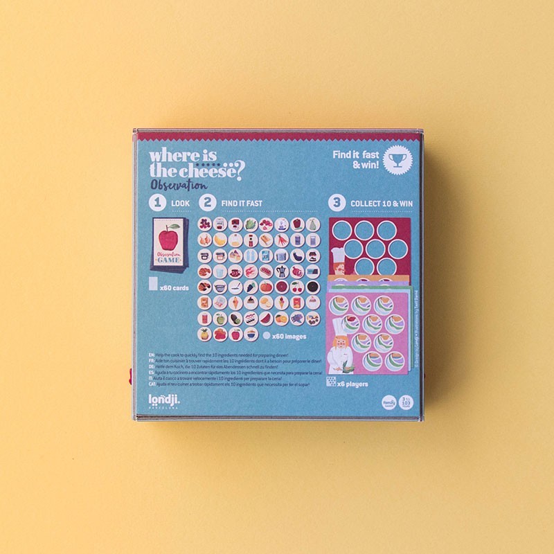 Board game box titled 'Where is the Cheese?' on a yellow background