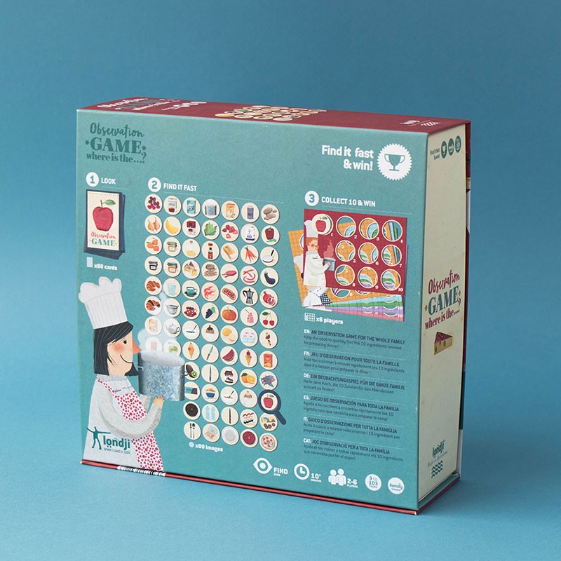 Board game box with colorful illustrations on a blue background