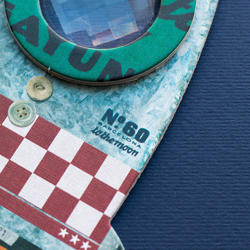 Close-up of with checkered design and brand name on a blue background