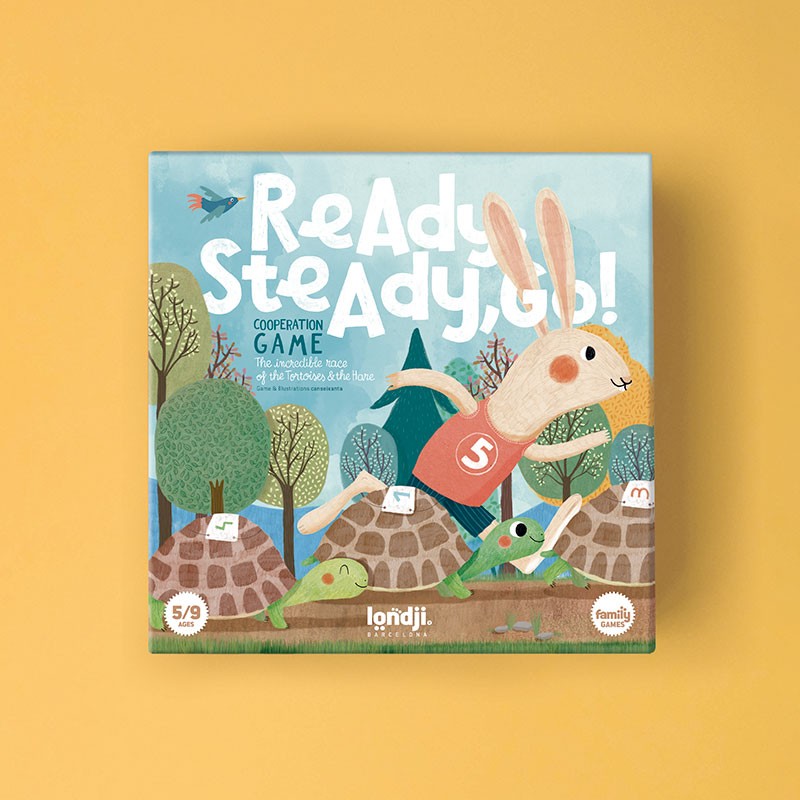 Board game box titled 'Ready Steady, Go!' on a yellow background