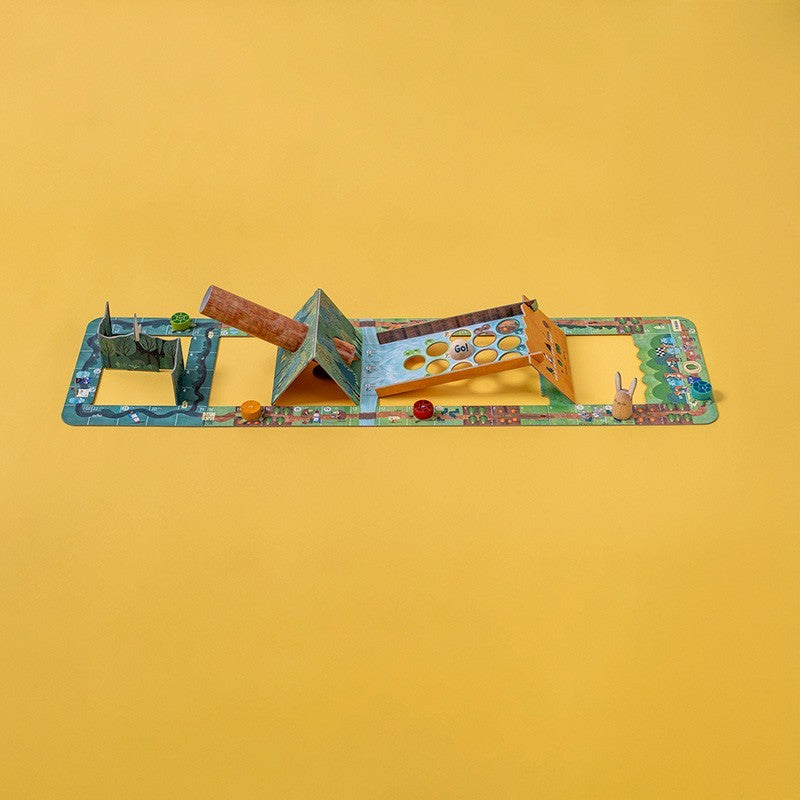 Board game set on a yellow background