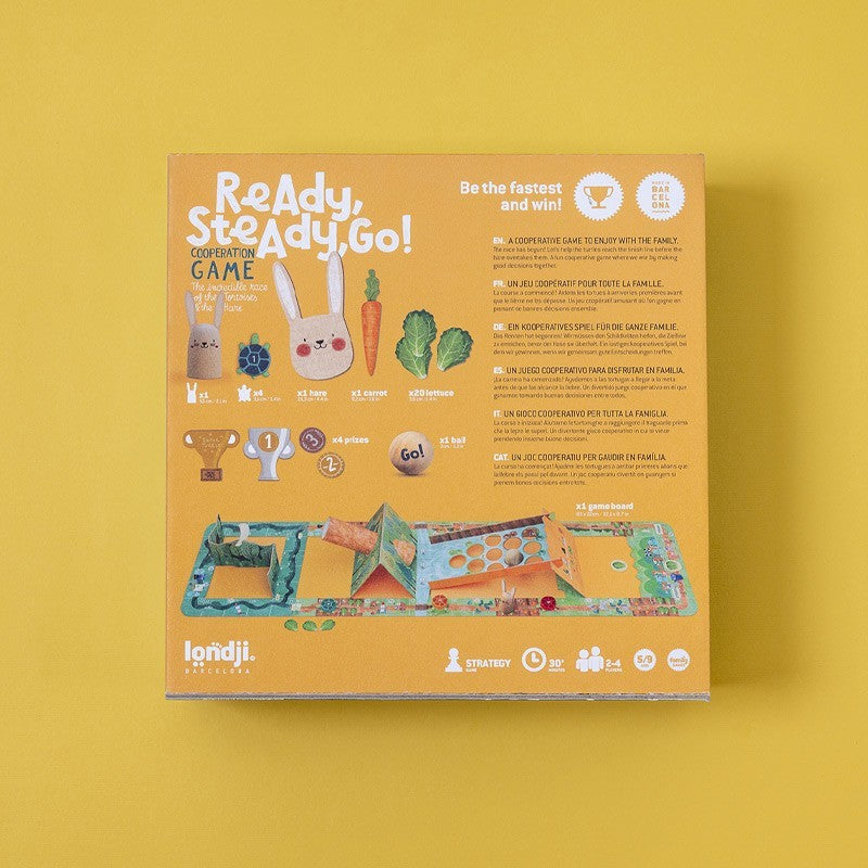 Board game box titled 'Ready Steady, Go!' on a yellow background