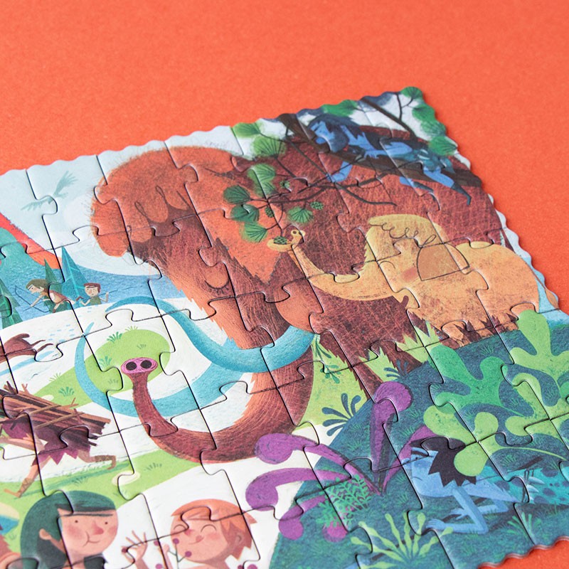 Children&#39;s puzzle with dinosaur illustration on an orange background