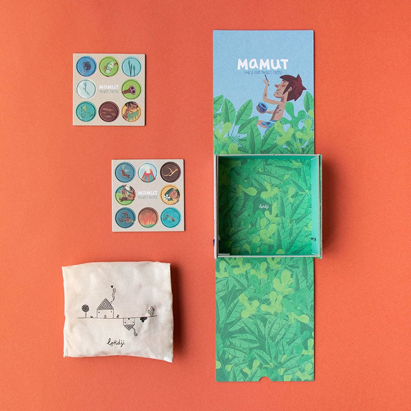 Mamut product packaging with green leaf pattern on an orange background