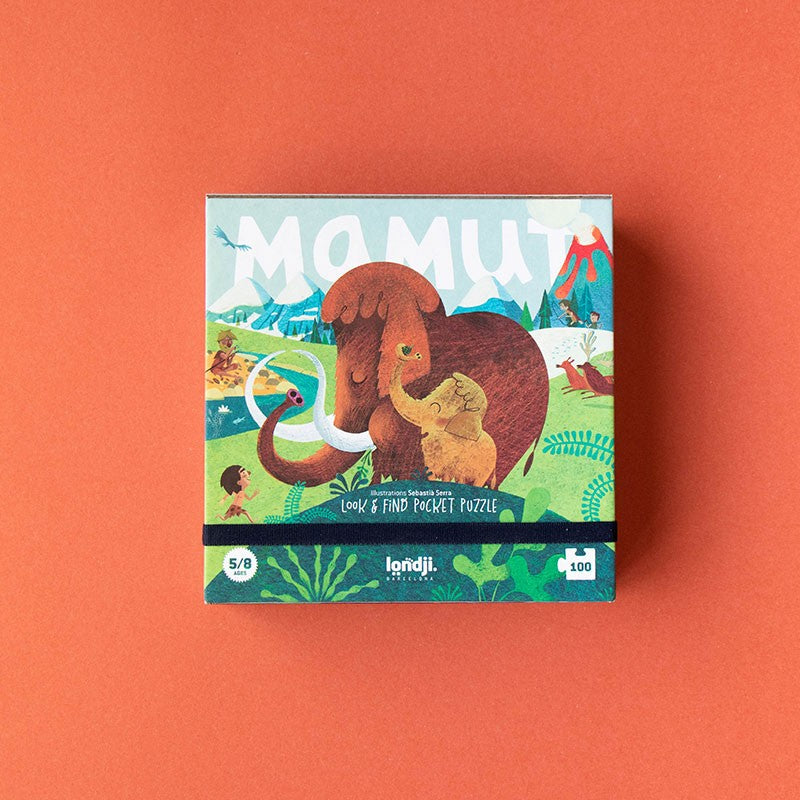 Puzzle box with illustration of a mammoth on an orange background